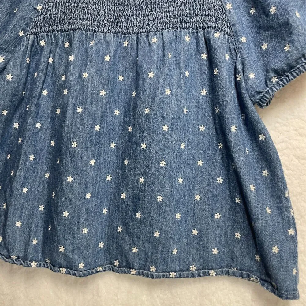 Old Navy Small Smocked Chambray Top Blue‎ Floral Puff Sleeve Boho Cottagecore